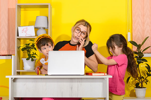 Mother work from Home. Sad kids, Unhappy Children.